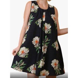 UMGEE Women’s Floral Dress Medium Navy White Sleeveless Pleated A-line Lined NEW
